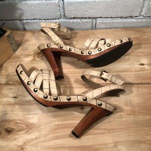 Franco Sarto tan alligator leather heels with ankle strap and gold rivets